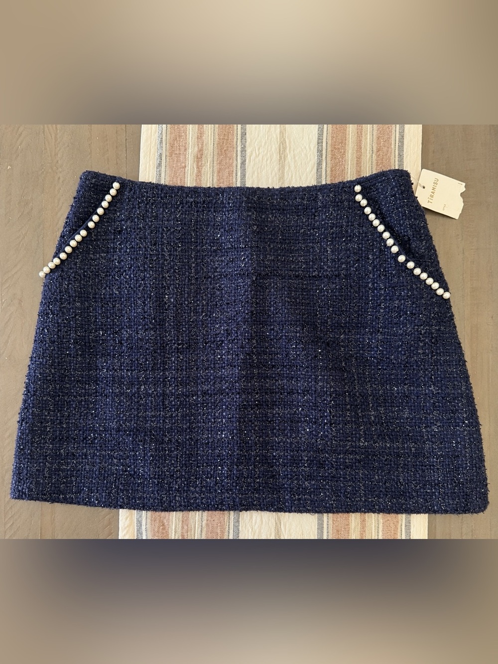Tiramisu Black Tweed Mini Skirt Pearl Pocket Trim Size L NWT
